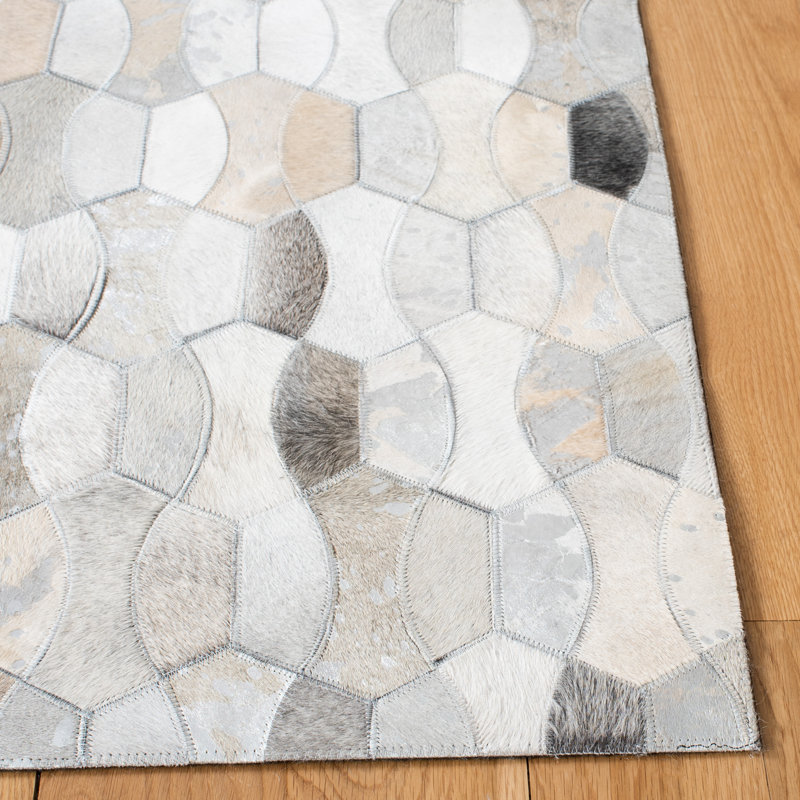Ivory and Gray Geometric Handmade Cowhide Rug, 8' x 10'
