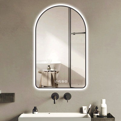 28"X48"Arched LED Mirror For Bathroom,Time And Temperature Display, Backlight, Anti-Fog, Dimmable, With Three Color Temperatures- Modern Vanity Light Mirror,  Perfect For Over Sink,Black Frame