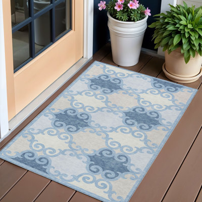 Tapis extérieur lavable à motif de treillis bleu ciel et ivoire 3 pi x 5 pi