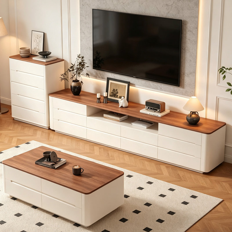 Meuble télé moderne et fonctionnel avec 10 tiroirs de rangement, 25.39" H x 86.61" W x 15.74" D