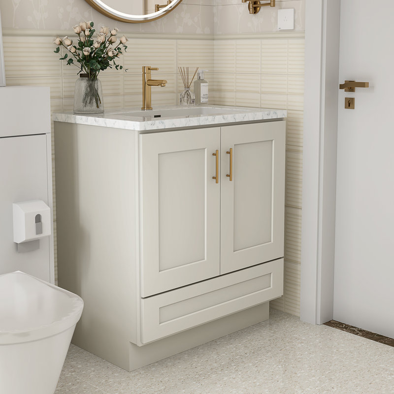 Armoire de salle de bain en bois massif prêt à assembler avec comptoir Shaker - comptoir non inclus, Crème Shaker