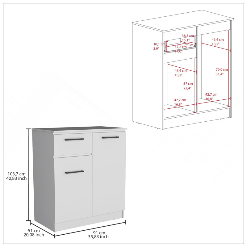 Commode Idaho avec armoires à 2 portes et tiroir, Blanc