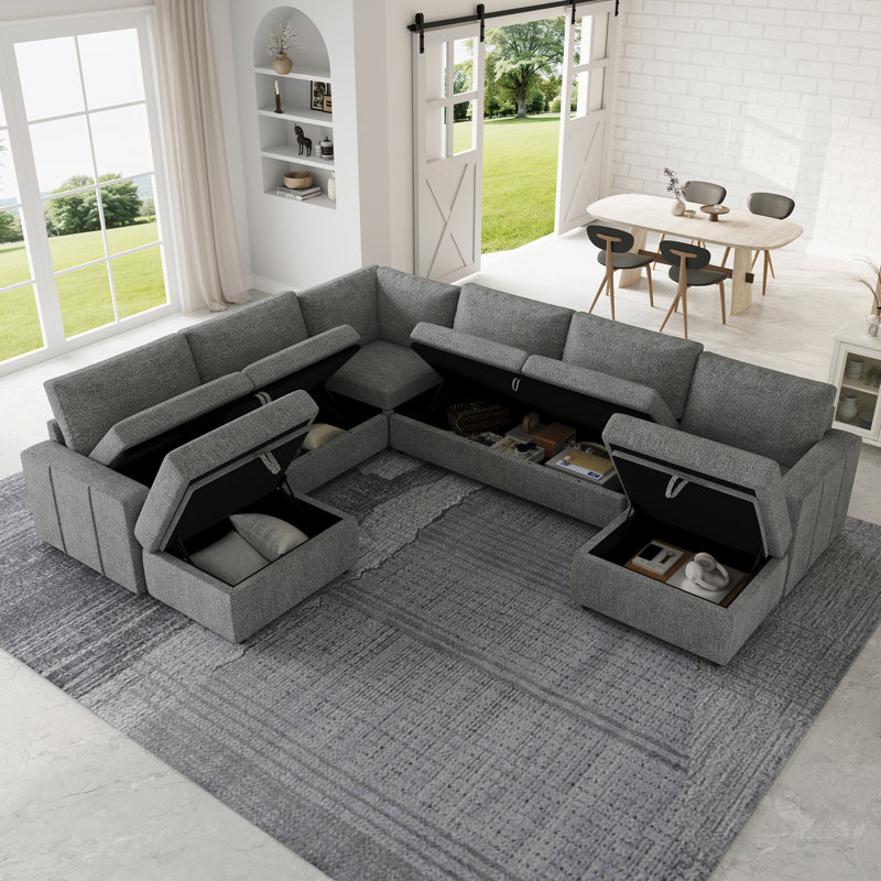 Canapé modulaire de rangement en U avec deux repose-pieds, Chenille gris pâle