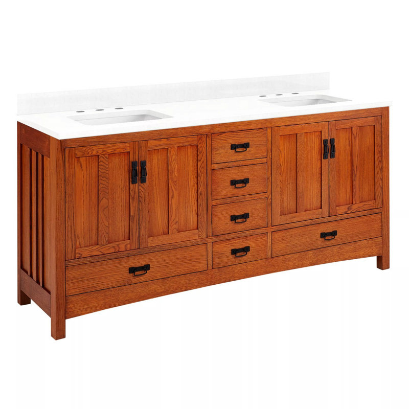 72" Maybeck Dbl Vanity - Tinted Oak With Rect Undermount Sinks, 8" Widespread, Feathered White Quartz
