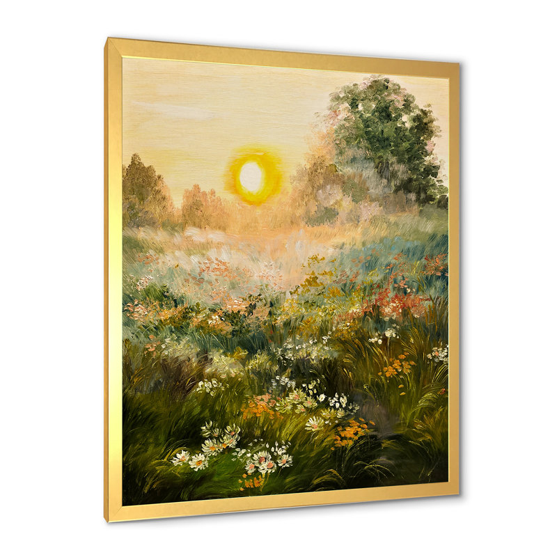 «Sunrise in the Blossoming Field», peinture sur toile, Encadrement doré, H 20 po x l 12 po x P 1po