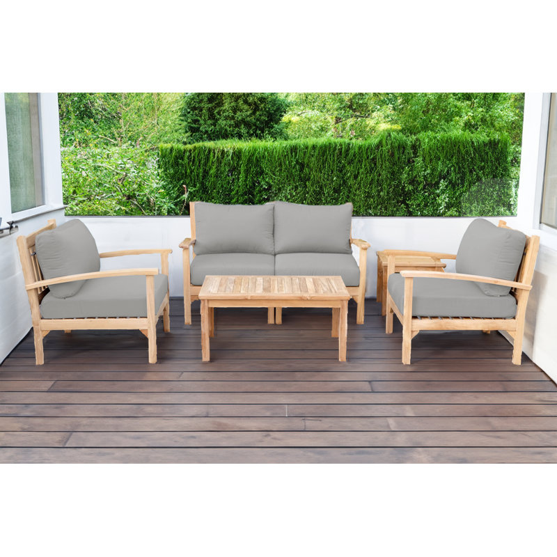 Huntington 5 Piece Teak Loveseat Seating Group with Sunbrella Cushions, Granite Sunbrella®