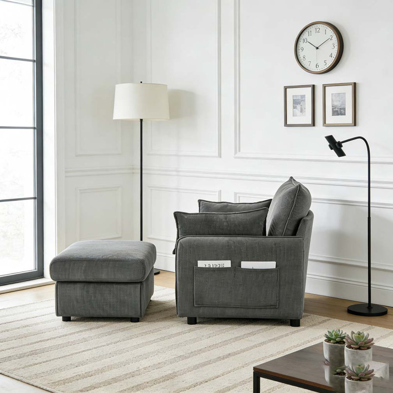 55" Oversized Chaise Lounge Chair Indoor with Ottoman and Storage, Grey
