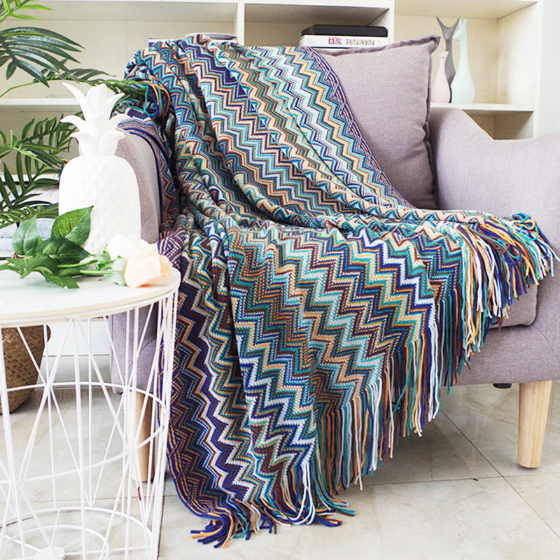 Boho Blue Chevron Knitted Throw Blanket with Tassels, 50"x60"