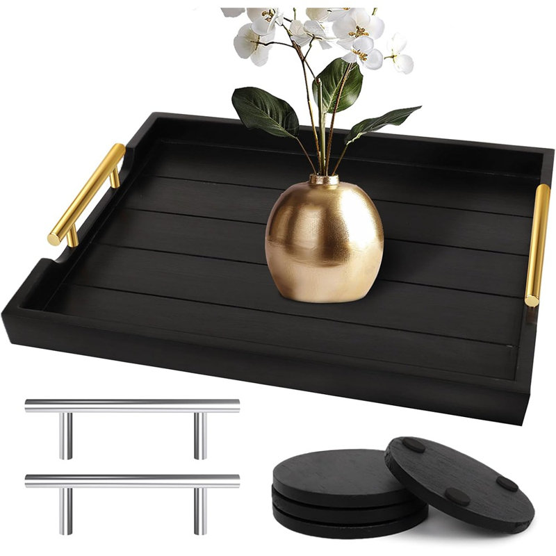 Plateau de service en bois avec poignées, grande table basse et repose-pieds avec 4 sous-verres ronds