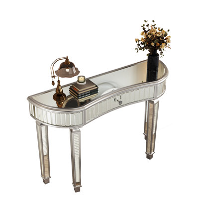 47" Half-moon Mirrored Vanity Desk With Fluted Glass & Crystal Knob Drawer, Grey+silver, Build, - Rounded Edges, Suitable For Multiple Spaces Semicircular Console Bedroom Or Dressing Room, Featuring