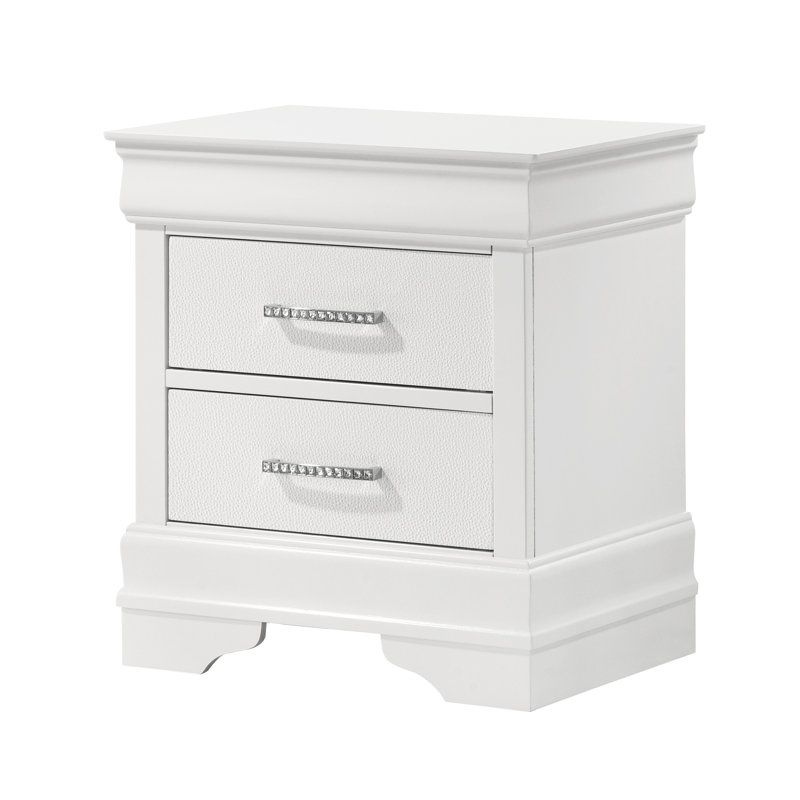 Table de chevet blanche moderne avec 2 tiroirs - Bois massif, finition texturée en diamant pour la chambre à coucher en blanc, tiroirs en bois et apparence