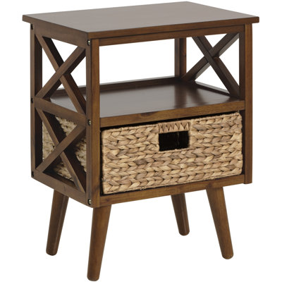 Bhatri Mid-Century Solid Hardwood X-Side End Table with Storage Shelf and Wicker Basket, Walnut