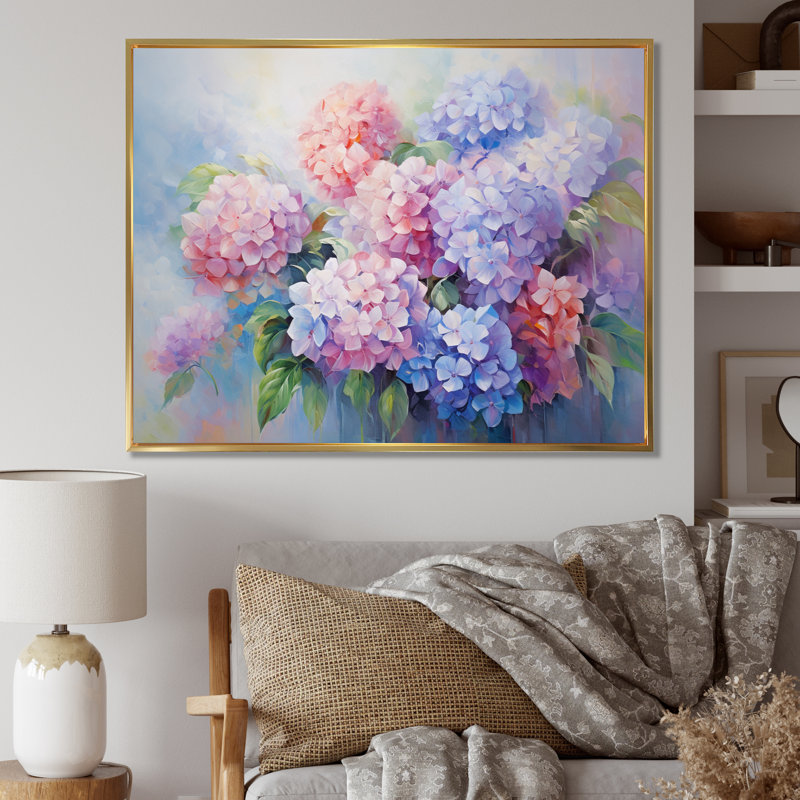 Impression romantique d'hortensia mauve rose, H 34 po x l 44 po x P 1,5 po, Cadre flottant doré