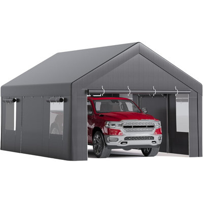 Abri d'auto 12 x 20 pi avec fenêtres enroulables, garage portatif avec parois latérales et portes amovibles, bâche toutes saisons