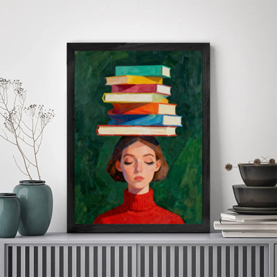 Art encadré noir, "La femme avec un livre sur la tête", reproduction d'art encadrée de style rétro