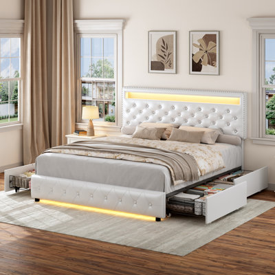 LED Bed Frame with Adjustable Headboard and 4 Drawer, Button Tufted Upholstered Platform Beds