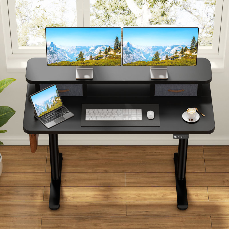 Home Office Height Adjustable Standing Gaming Desk With Dual Drawers, Black, 47" W x 23.6" D