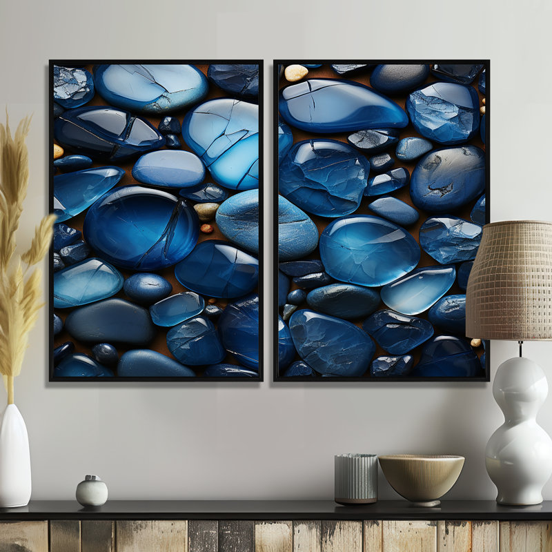 Blue Sapphire Zen Stones - Art traditionnel sur toile rose 2 pièces, 36" H x 48" W, Impression encadrée flottante, Black