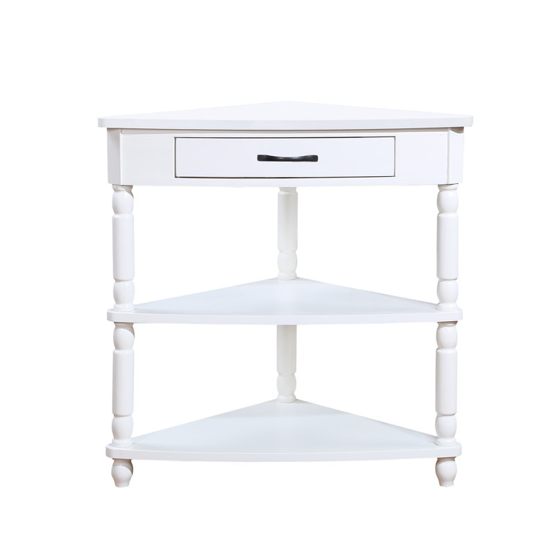 3 Tier Milk White Corner Table, 33.8'', Solid Wood Legs For Reliable Use Table With Limited Spaces - 33.8'' Triangle End Living Room, Bedroom, Bathroom, Corridor, Balcony Simple Mounting