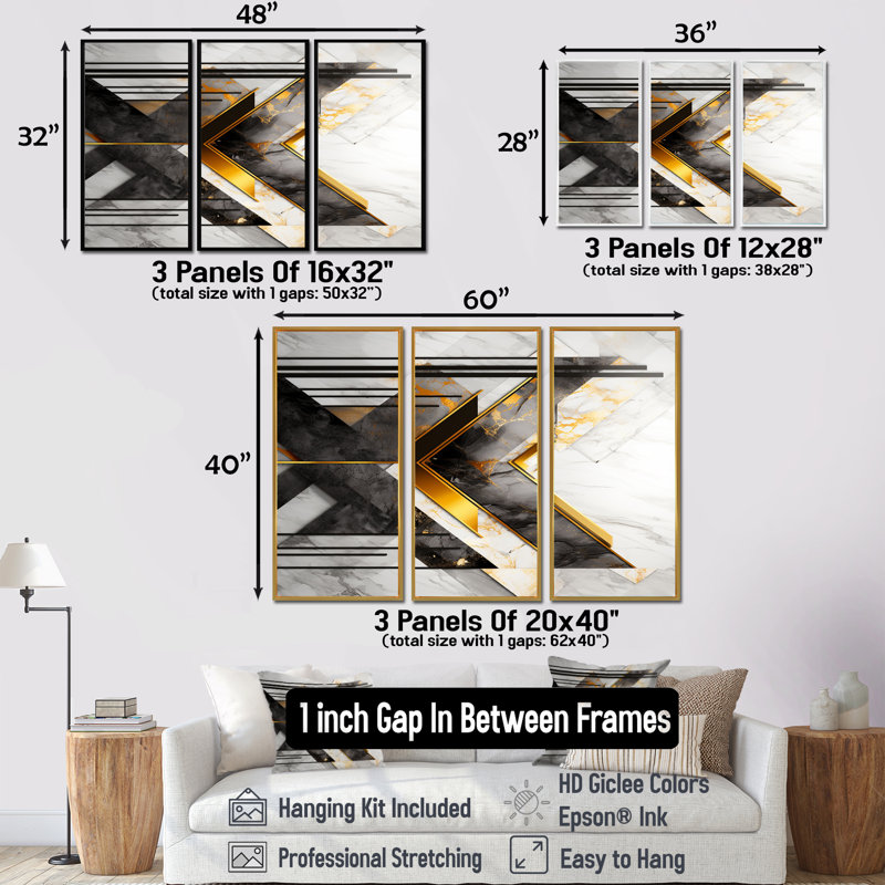Chevron triangulaire doré - ensemble d'art mural géométrique, Cadre argenté flottant, H 32 po x l 48 po x P 1 po