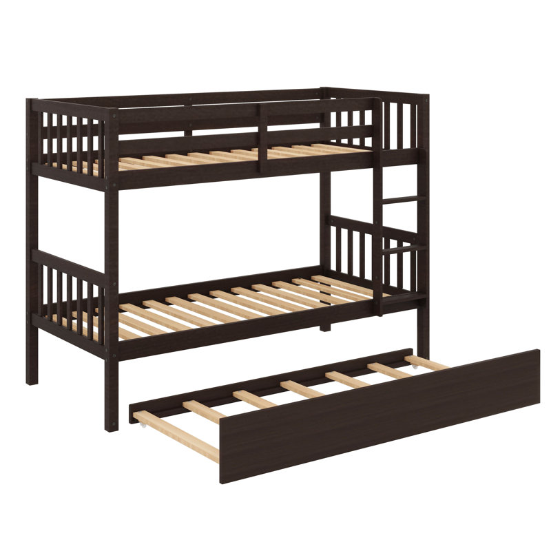 Twin-On-Twin Rubber Wood Bunk Bed Featuring Trundle, Transformable Into Two Separate Beds, Espresso