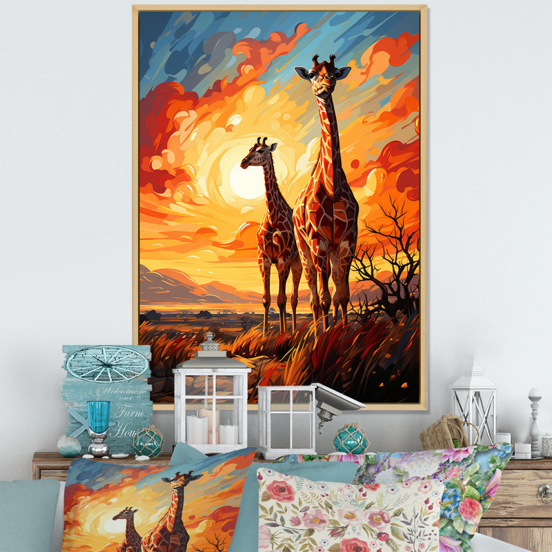 Girafe, horizon africain sur toile, Encadrement doré, H 32 po x l 16 po