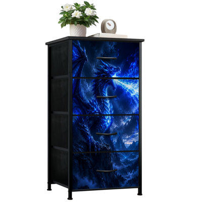 Dresser for Bedroom with 4 Storage Drawers Artistic paint blue angry dragon firing Fantasy Magical Dressers Chest of Drawers Steel Framed Fabric Closet Organizers for Dorm Entryway
