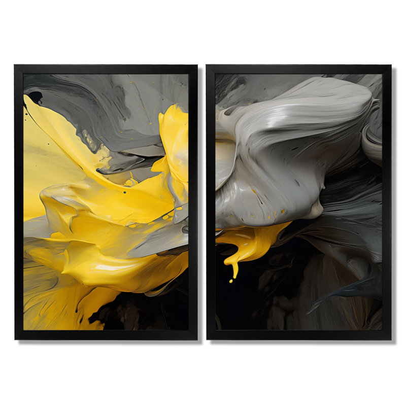 Raw Reflections Yellow Gray - Art abstrait encadré, panneau mural abstrait jaune 2 panneaux, H 36 po x l 48 po, Noir