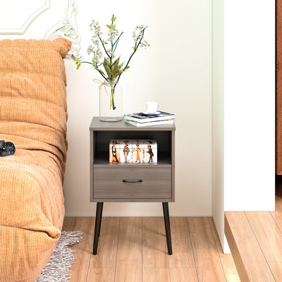 Table de chevet de style moderne à deux tiroirs de couleur grise avec tiroir de rangement et tablette ouverte en bois, convenant aux petits espaces