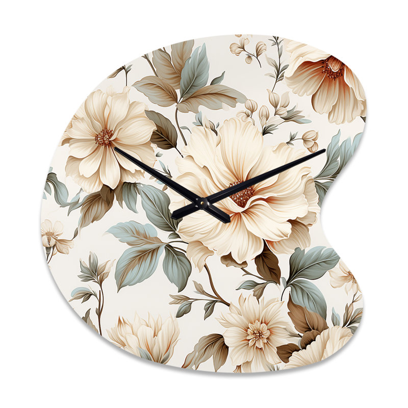 Vintage Florals - Plants Asymmetrical Metal Clock, White Unique Shape Wall Clock Print, Small