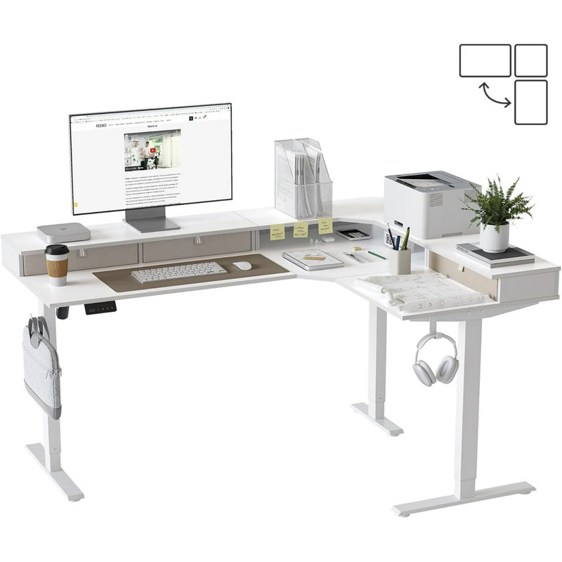 L-Shaped Electric Standing Desk With Drawers, White