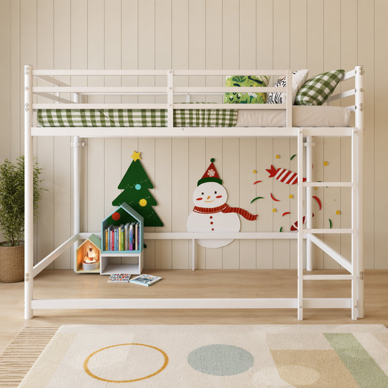 Lit superposé avec échelle et lit superposé en métal à garde-corps haut, espace de rangement, silencieux, taille simple sur simple, blanc