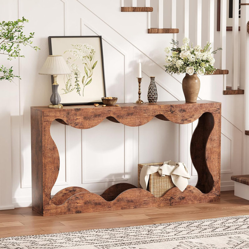 63" Farmhouse Scalloped Console Table, Narrow Sofa Table with Storage for Entryway & Living Room, Brown Wood