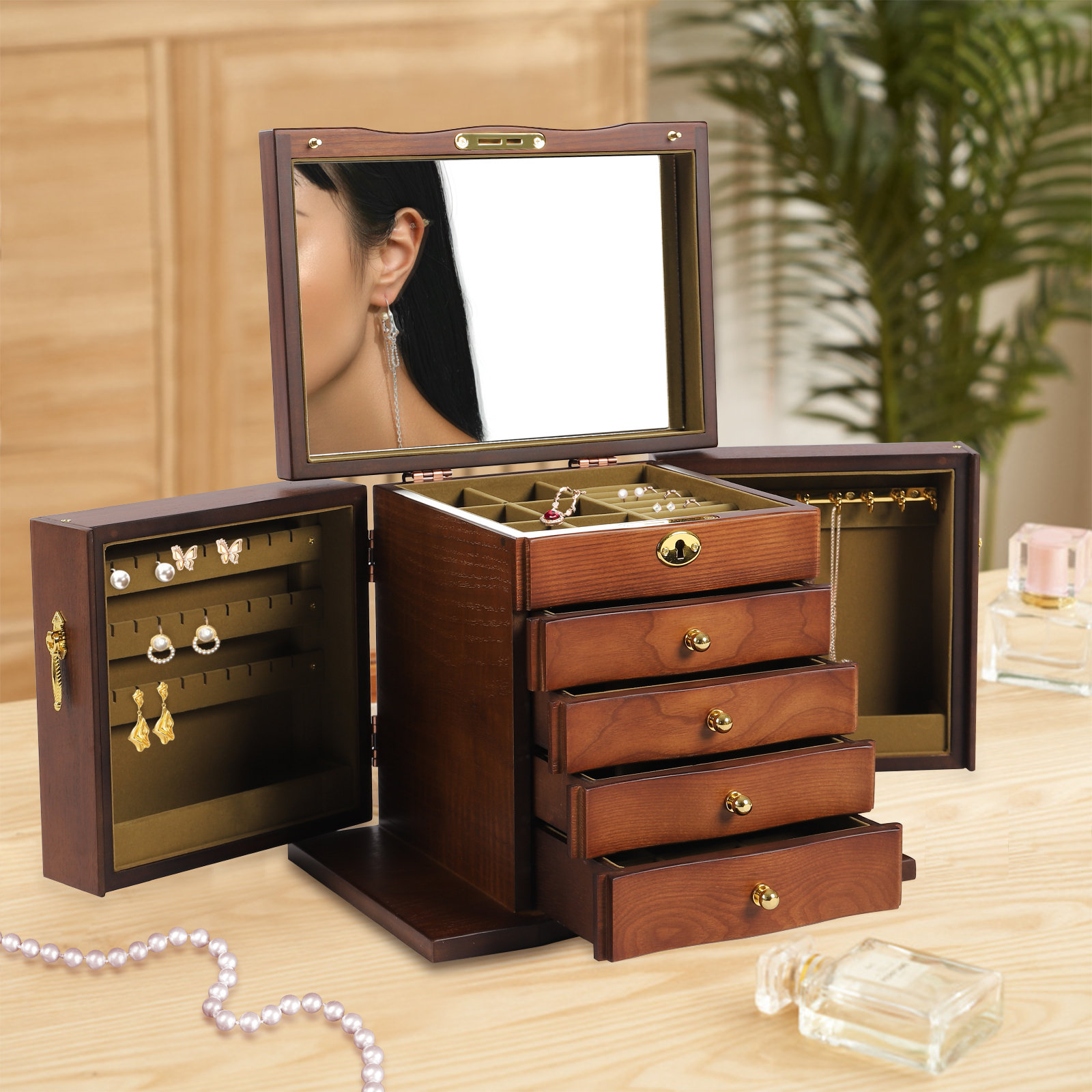 Vintage 6 Layers Wooden Jewelry Box With Mirror High Capacity Jeweller –  Nillishome