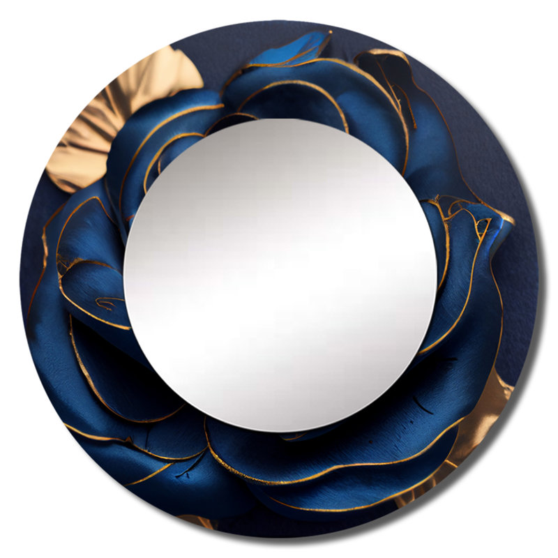 Gilded Rose In Kings Blue III - Rose Decorative Wall Mirror, Blue Round Mirror, Printed Metal Art, 23" x 23"