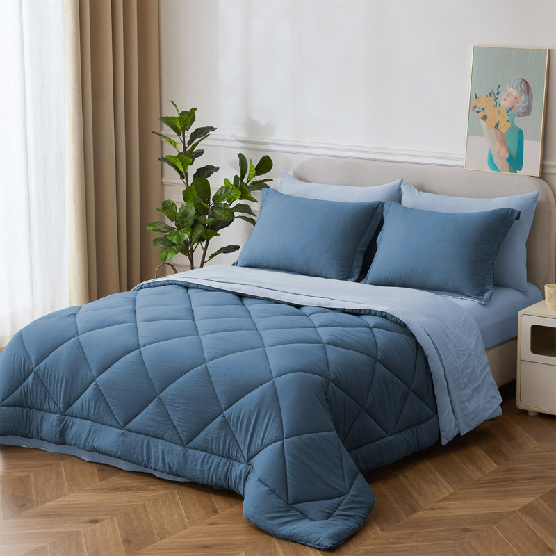 Ensemble d'édredon 7 pièces en microfibre délavée toutes saisons - ensemble de literie matelassée à coutures losangées, housse de couette en duvet synthétique réversible, édredon en microfibre moelleuse respirante