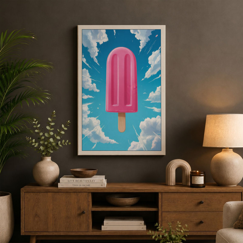 Pink Popsicle Summer Modern 1 Piece Wrapped Canvas Wall Art, 36x24 - 91.4 x 61.0 cm, Ochre Border