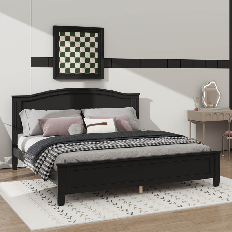 Lit plateforme avec tête de lit et structure de support en lattes de bois, Noir, Lit double