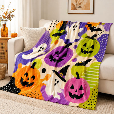 Halloween Themed Throw Blanket, Fun Pumpkin Ghost Bat Design, Soft Cozy Fleece Blanket Bedroom, Sofa, Couch, Playroom Home Decoration