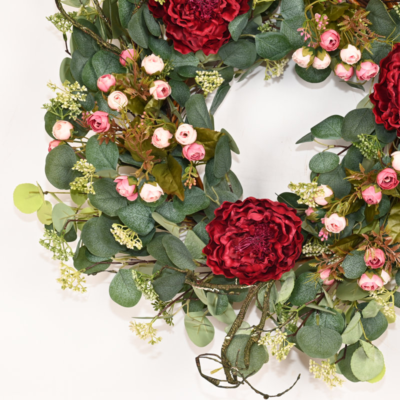26"  Spring Summer Eucalyptus Berry Floral Wreath, Red
