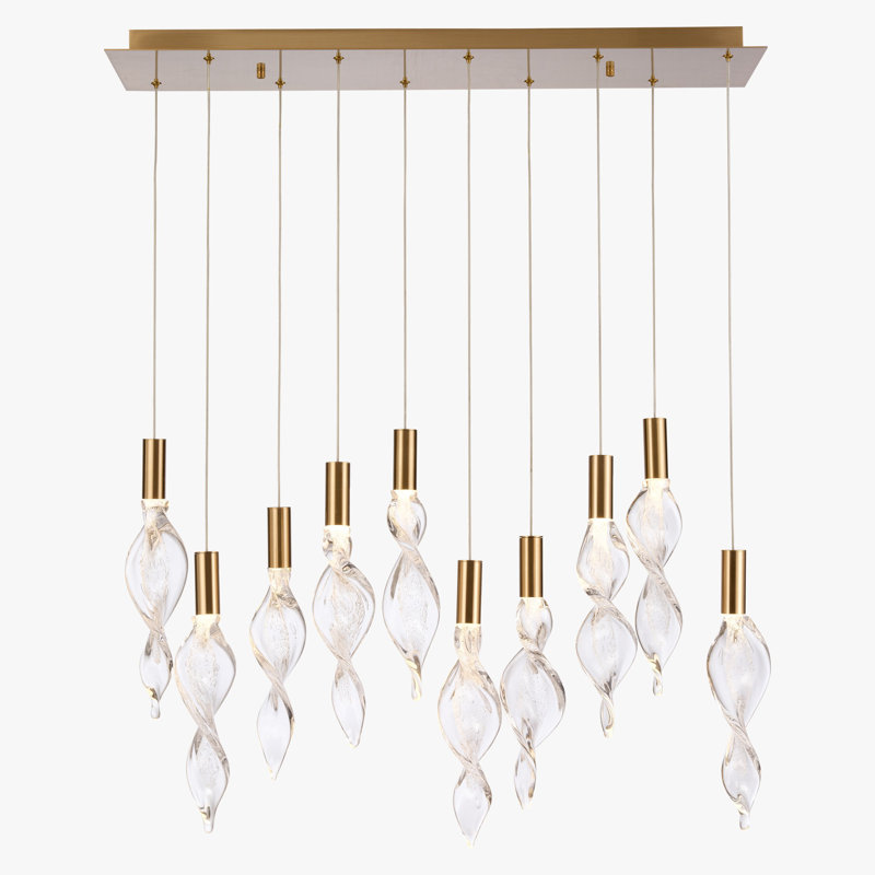 Luminaire suspendu linéaire de 50 pouces en laiton naturel avec verre tire-bouchon transparent fabriqué à la main Cosper