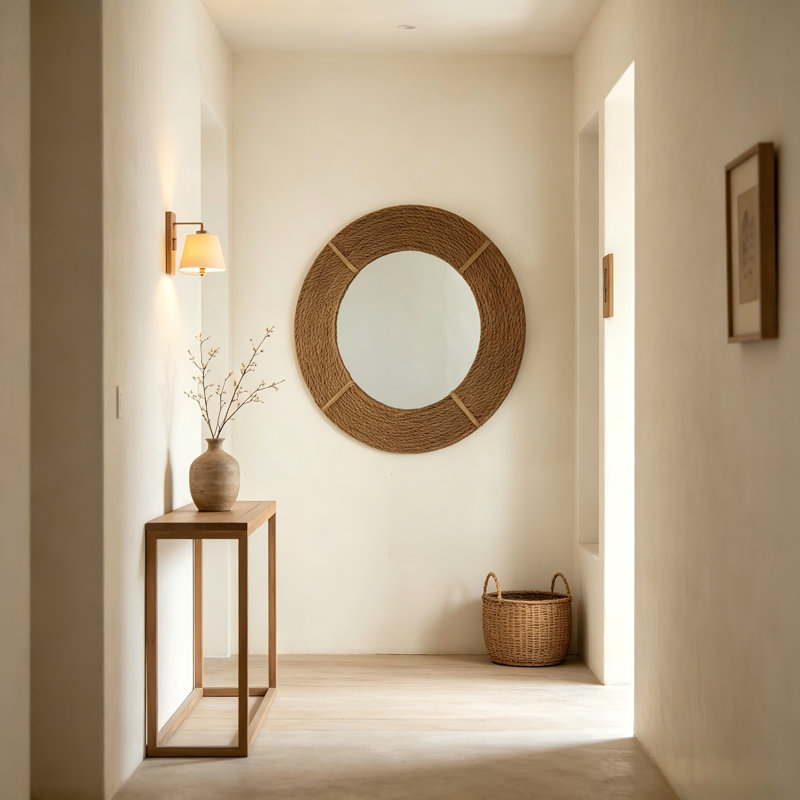 Miroir circulaire en corde de chanvre tissé à la main 24 pouces - Décoration murale décorative pour le salon, la salle de bain et la chambre à coucher | Style bohème naturel