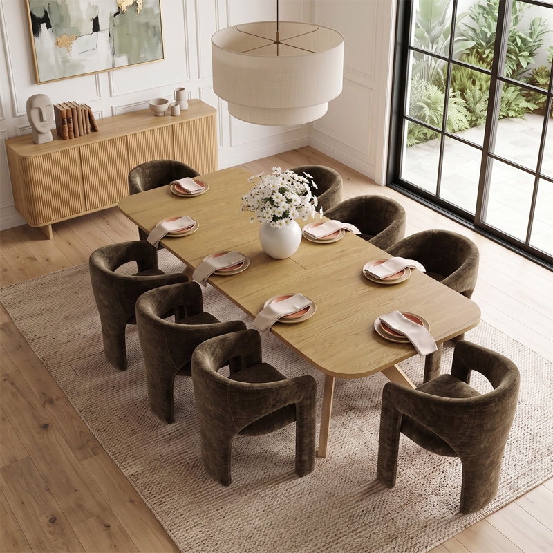 Ensemble de table de salle à manger extensible en placage de bois de 78" à 96" avec 8 fauteuils sculpturaux en chenille