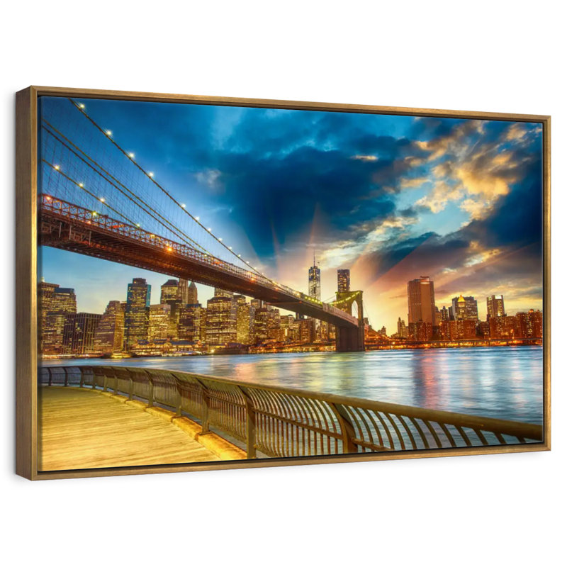 Spectaculaire coucher de soleil à Manhattan, Cadre flottant doré, 43 po x 29 po