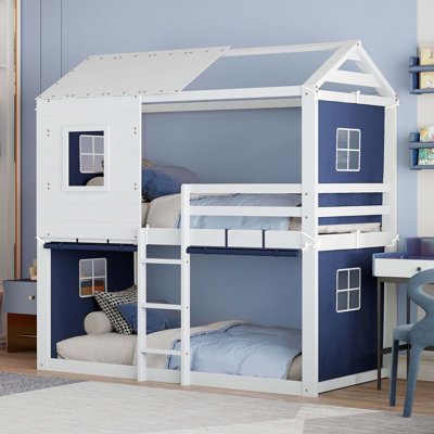 Bunk Wood House Bed with Tent