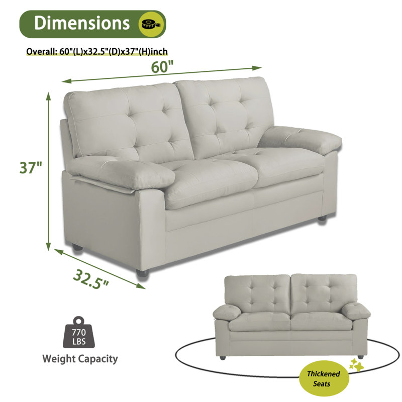 Canapé Modern 2 places, 2 places, similicuir, H 37,05 po x l 60,05 po x P 32,55 po