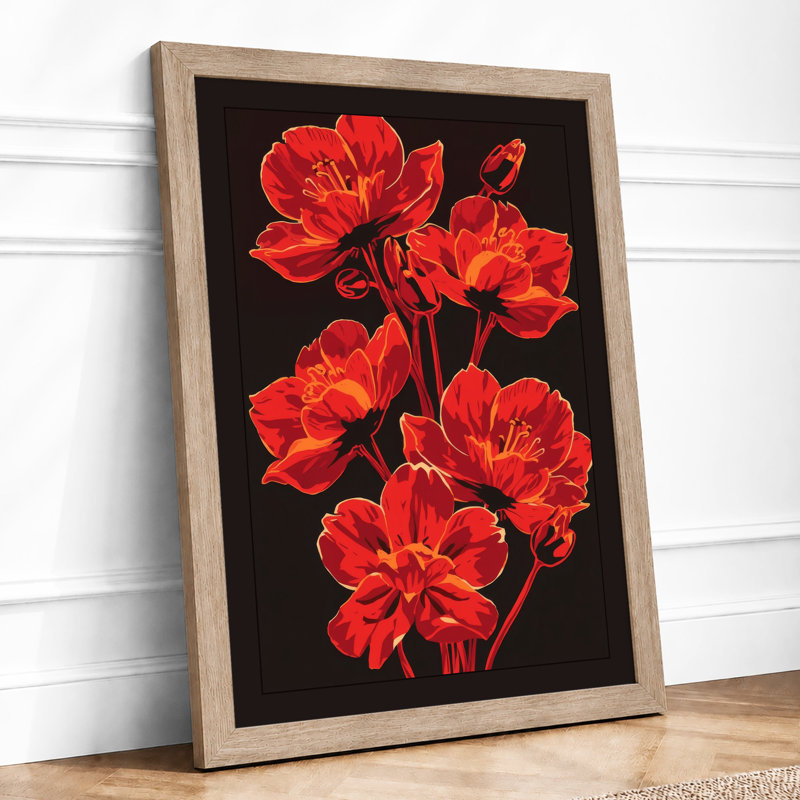 Vibrant Red Blooms Botanical - Framed Print, A4 - 29.7 x 21.0 cm, Oak
