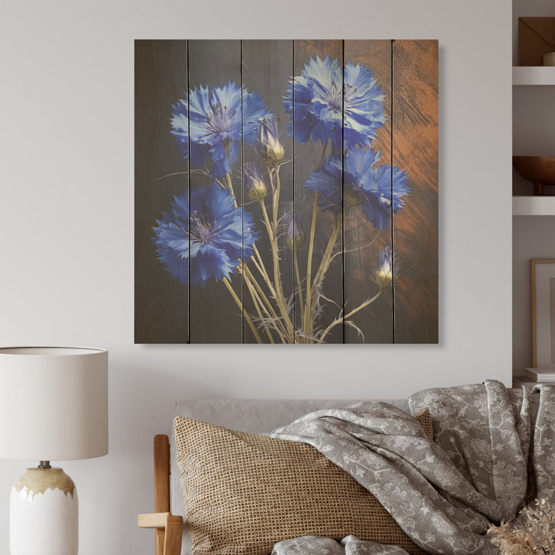 Bleuet des bois, expression bleue I - Art mural en bois sur bois de pin naturel, H 36 po x l 36 po