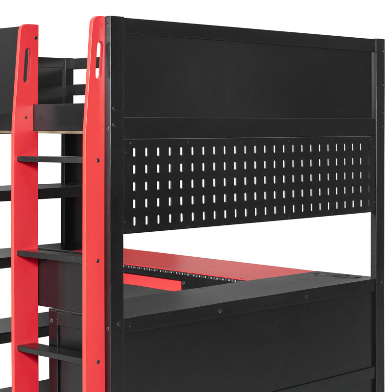 Lit mezzanine pleine grandeur avec bureau intégré, lumières à DEL, prise de courant, grande bibliothèque, plateau à clavier et tiroir de rangement, couleur rouge, idéal pour les joueurs contrôlés, et un tiroir avec une configuration complète