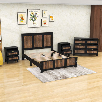 Ensemble de chambre à coucher 4 pièces avec lit plateforme, 2 tables de chevet et commode
